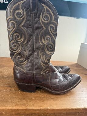 Dan Post Dark Brown Croc-Embossed Western Boots with Tan Embroidery